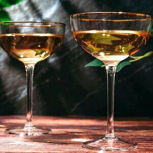 New Set of 2 Vintage Crystal Champagne Martini Gold Rim Glasses